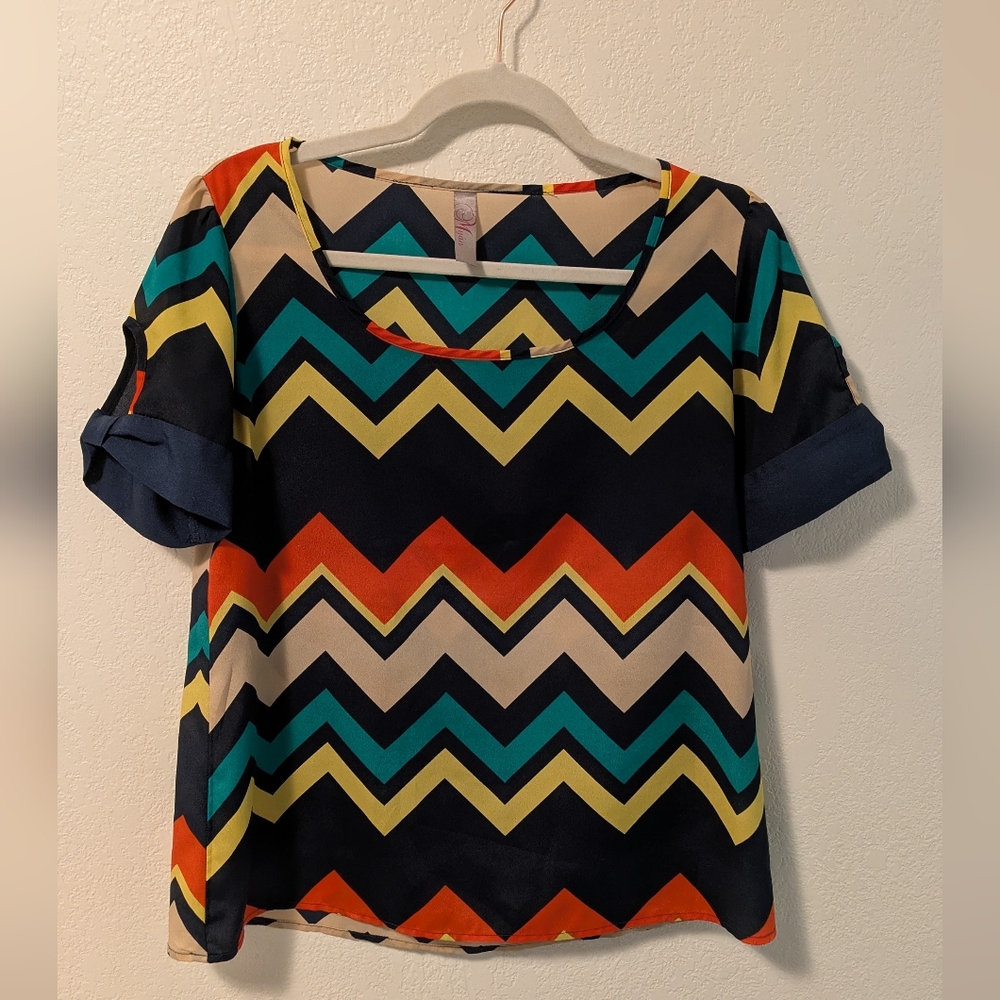Myan Blue and Green Boxy Cuffed Sleeve Blouse